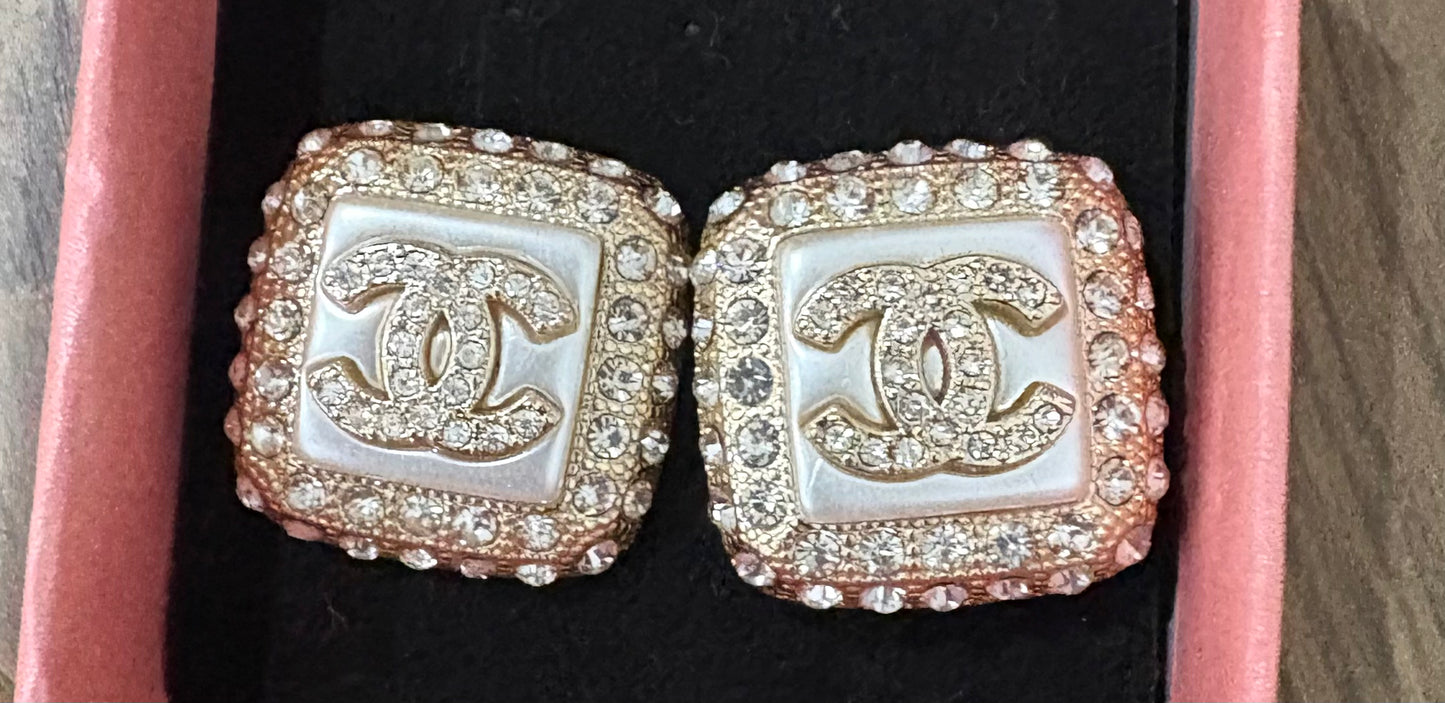 Chanel-inspired crystal logo stud earrings